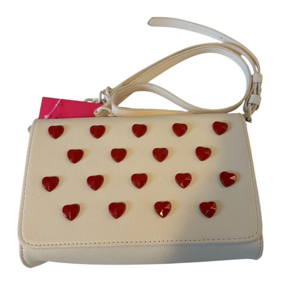 Adorable Betsy Johnson Off-White Crossbody w/ Red Heart Tacs.